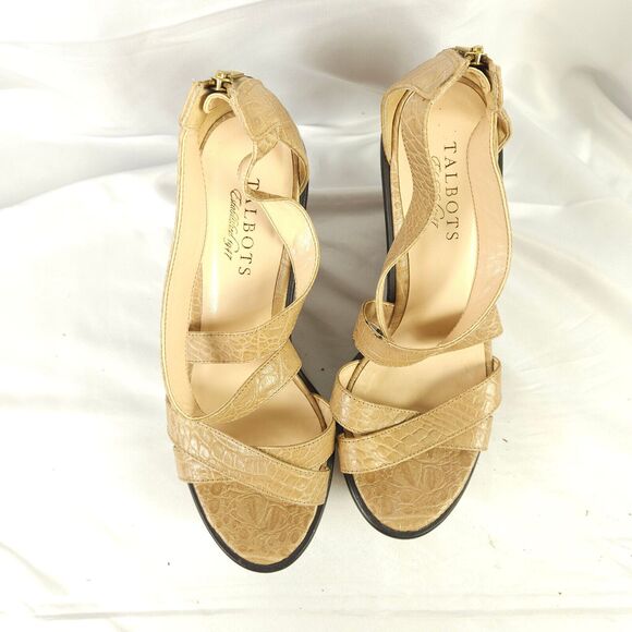 Talbots Womens 7 Beige Croc Print Open Toe Sandals Platform Wedge Leather - Picture 2 of 10